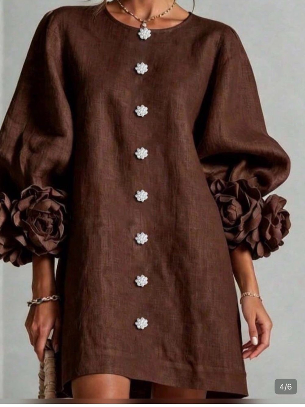 Brown Floral-Sleeve Shift Dress - Women